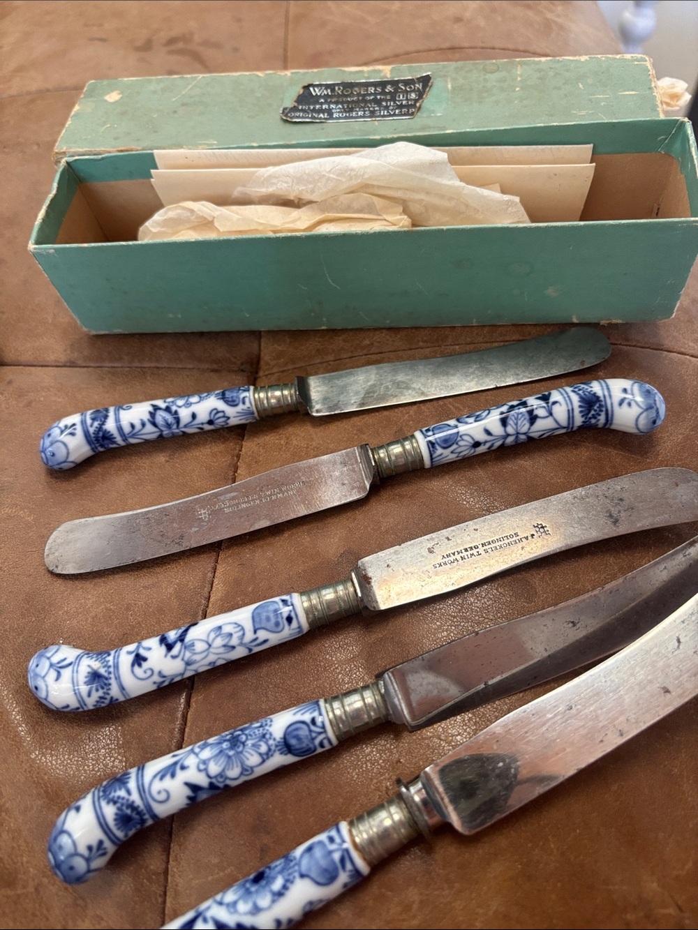 Antique  Blue and White Porcelain Butter Knife Set from Germany Early 1900’s
